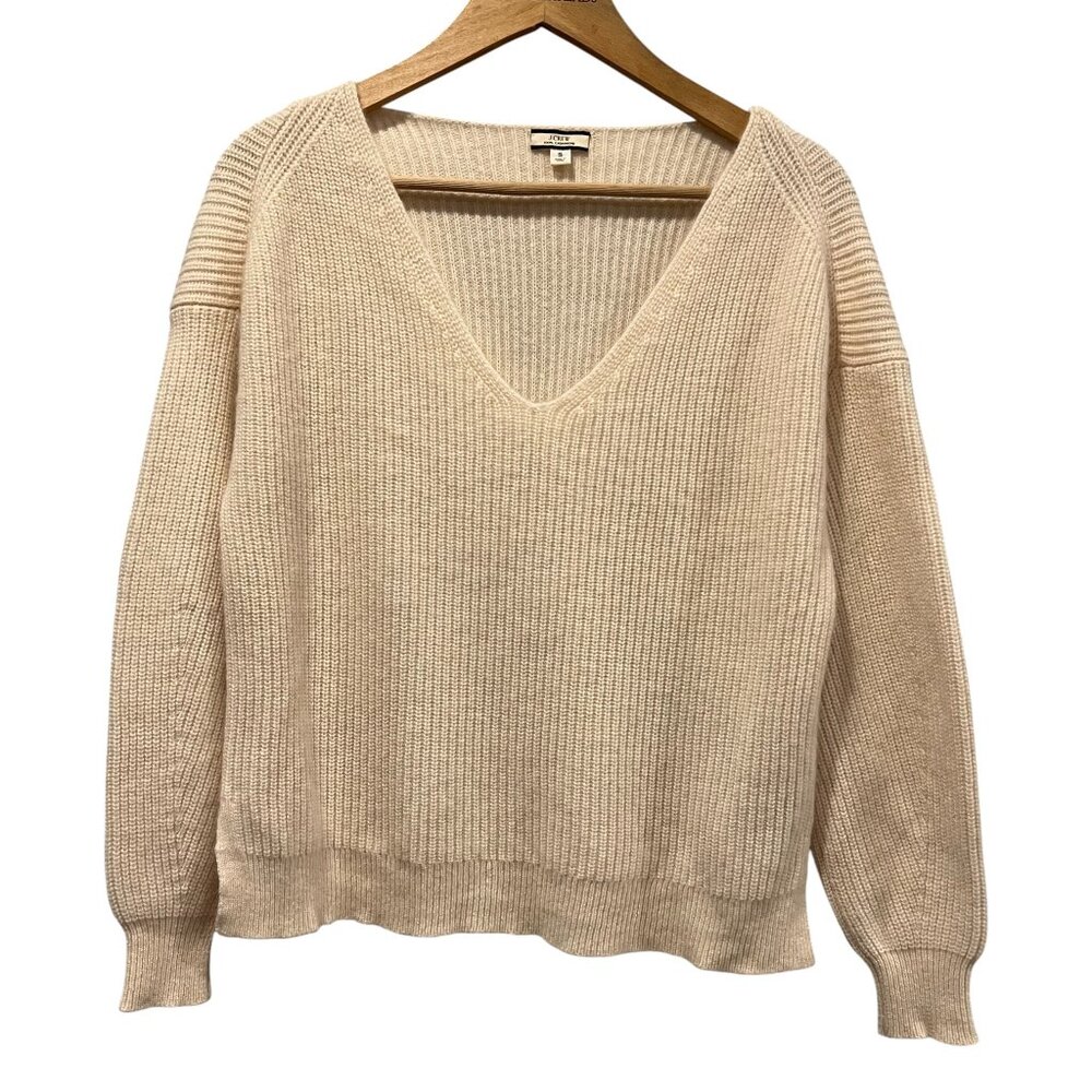 J Crew Cashmere V-neck Relaxed Fit Rib Knit Sweater, Ivory, S